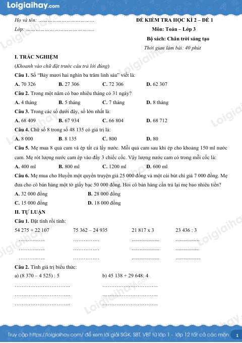 Đề kiểm tra học kì 2 Toán 3 Chân trời sáng tạo - Đề số 1